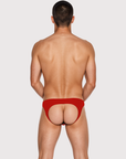 Back view of the Luné d’Or Ligne Men’s Jockstrap in red, showing the open jockstrap back and elastic leg straps.