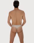 Back view of the Luné d’Or Lune Lace Thong in gray, showing the narrow lace thong back.