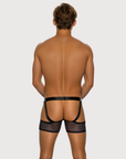 Back view of the Luné d’Or Men’s Strapped Mesh Jock Brief in black, showing the open jockstrap back and sheer mesh thigh bands.