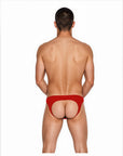 Back view of the Luné d’Or Ligne Men’s Jockstrap in red, showing the open jockstrap back with elastic leg straps.