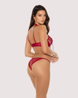 Scarlet Lace Halter Lace-Up Bra Set in Burgundy Red