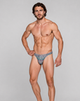 Full length front view of the Luné d’Or Mirage Men’s Thong in iridescent leopard.