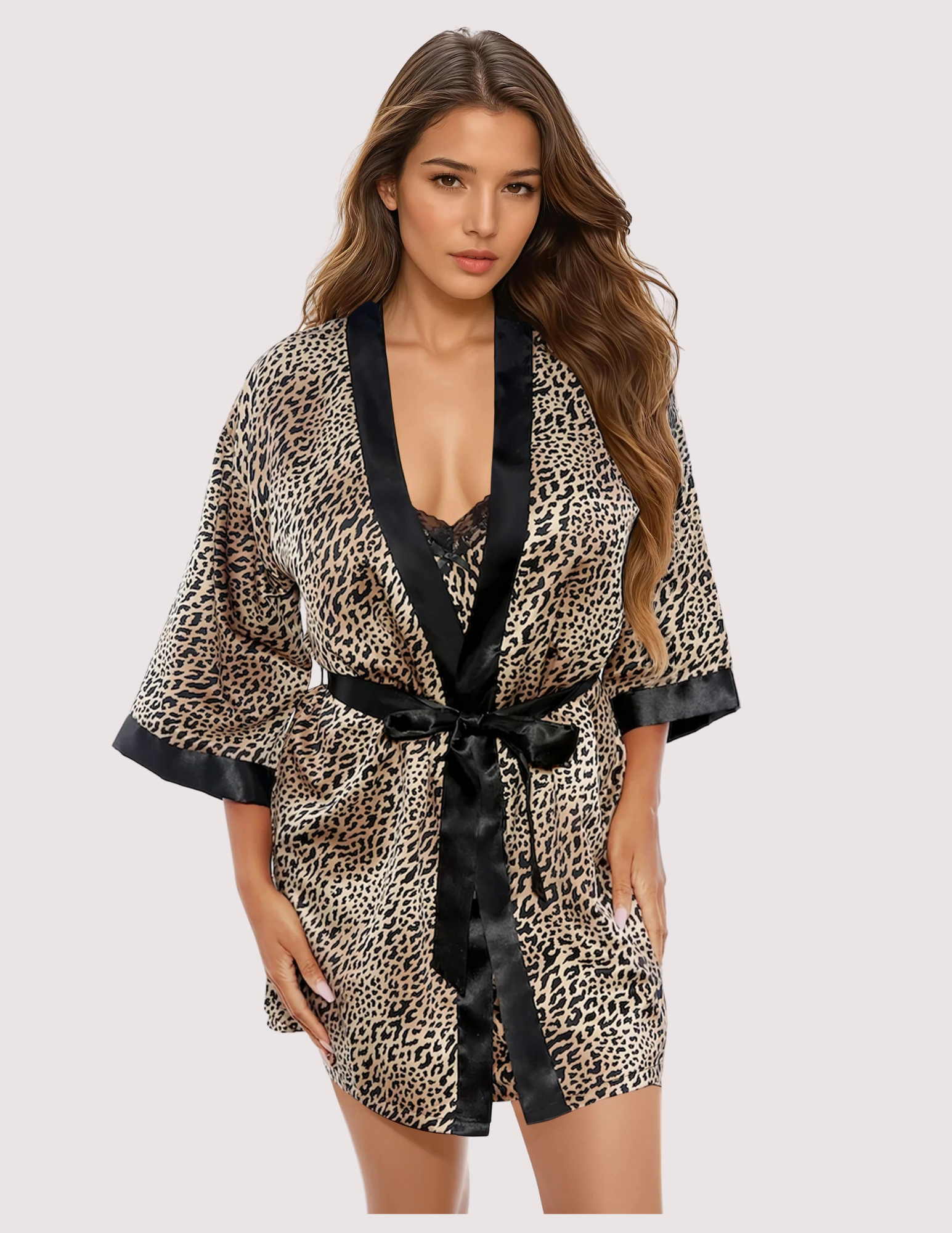 Model wearing the Lune d'Or Leopard Satin Robe, an example of the quality robe essential.