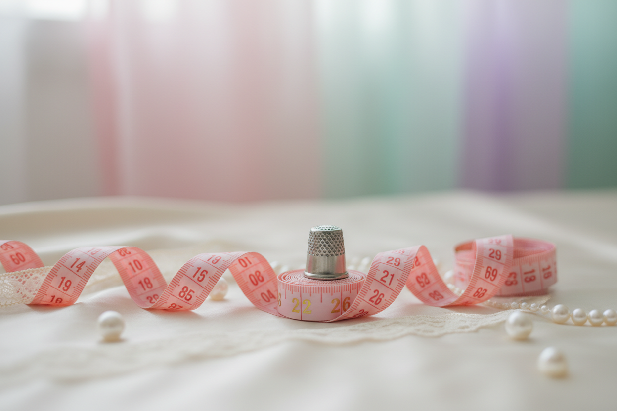 A coiled pink measuring tape with thimble and pearls on soft fabric, illustrating how to measure for the right lingerie size.