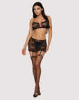 Luné d’Or Ruban black lace bra and garter skirt set, front view