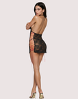 Luné d’Or Lacet black lace chemise with pink lace-up sides, side view
