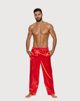 Man wearing the Luné d’Or Men’s Satin Lounge Pant in red, front view showing the elastic waistband and wide straight leg.