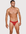 Man wearing the Luné d’Or Ligne Men’s Jockstrap in red, front view showing the contoured pouch and wide waistband.