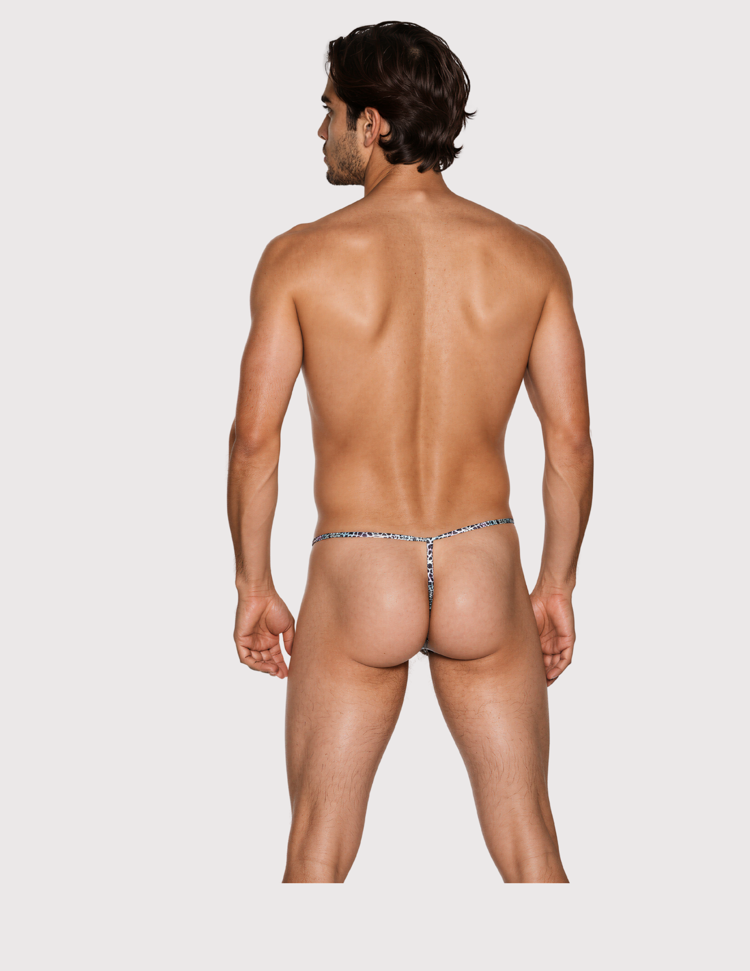 Back view of the Luné d’Or Mirage Men’s G-String in iridescent leopard, showing the thin string back.