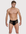 Man wearing the Luné d’Or Veil Lace Brief in black, front view showing the sheer floral lace front.