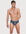 Man wearing the Luné d’Or Veil Lace Brief in blue, front view showing the sheer floral lace front.