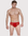 Man wearing the Luné d’Or Veil Lace Brief in red, front view showing the sheer floral lace front.