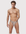 Man wearing the Luné d’Or Lune Lace Thong in gray, front view showing the sheer floral lace front.