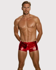 Man wearing the Luné d’Or L’Essentiel Men’s Sculpted Short in red, front view showing the high shine sculpted fit.