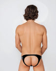 Back view of the Luné d’Or Éclat Men’s Jockstrap in metallic black, showing the open jockstrap back with elastic leg straps.