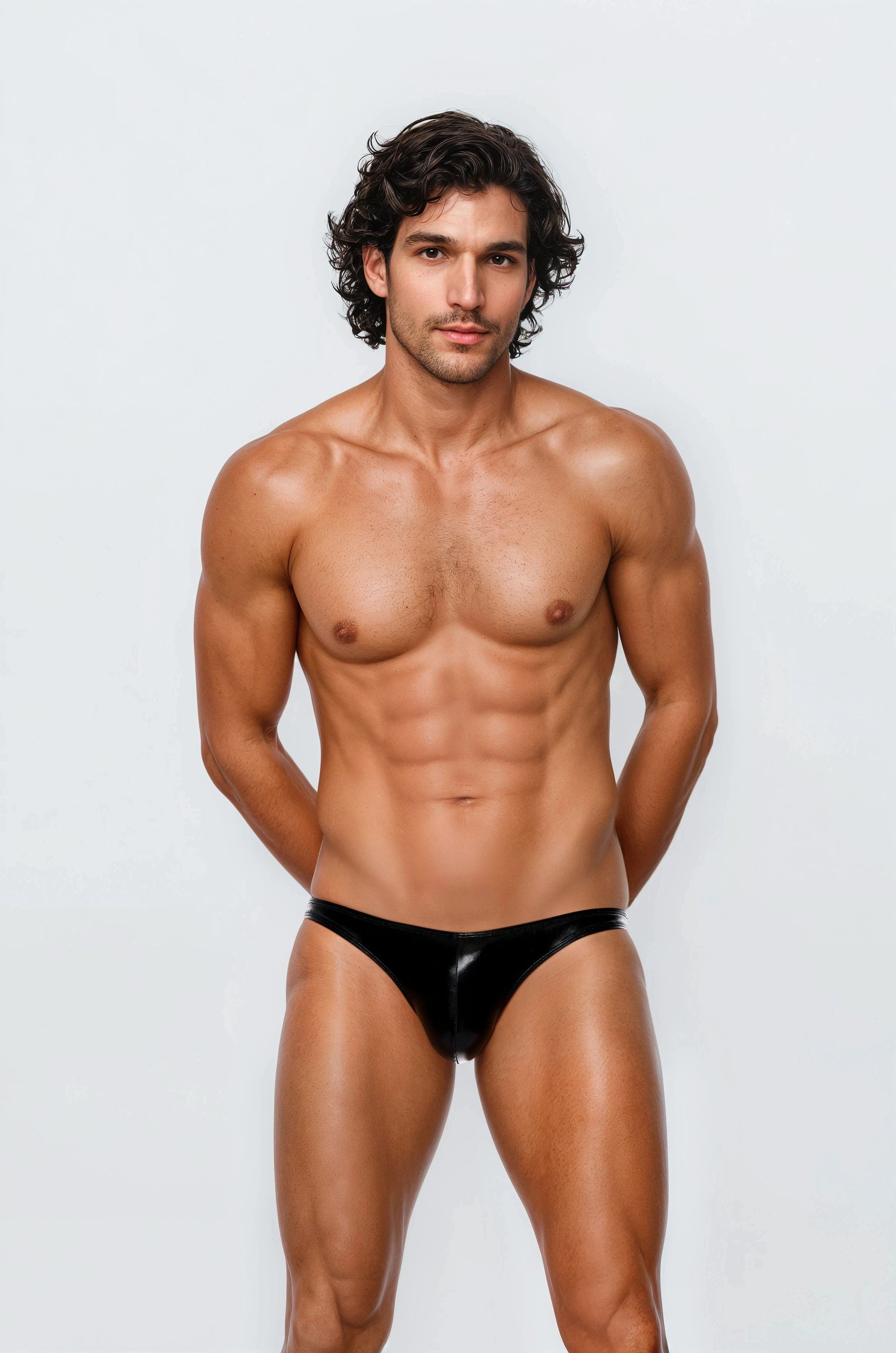 Man wearing the Luné d’Or Éclat Men’s Thong in metallic black, front view showing the high-shine liquid-metallic finish and sculpted contour pouch.