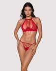 Scarlet Lace Halter Lace-Up Bra Set in Burgundy Red