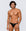 Man wearing the Luné d’Or Éclat Men’s Jockstrap in metallic black, front view showing the high shine contoured pouch.